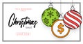 Money christmas greeting card in trendy line style. Merry Christmas and Happy New Year outline cartoon money banner. coin as a Royalty Free Stock Photo