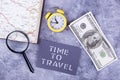 Money, clock, map and magnifier Royalty Free Stock Photo