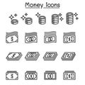 Money ,Coin, Cash, Currency , Bank note icon set in thin line st Royalty Free Stock Photo