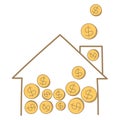 Money coin falling on house frame Royalty Free Stock Photo