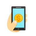 Money coin in smartphone concept. Phone in hand. Vector flat illustration icon. Isolated on white Royalty Free Stock Photo