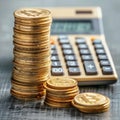 Money Coin Stack with Calculator, Golden Coins, Metal Money, Financial Investment Concept Royalty Free Stock Photo