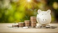 Money coin stack for growing with piggy bank,income growing in the future with sun light bokeh background Royalty Free Stock Photo