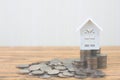 Money of coin stack step up growing growth with model white house on wooden table. Royalty Free Stock Photo