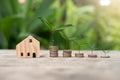 Money Coins arranged in graph neatly stack and there is a small wooden house Royalty Free Stock Photo