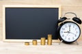 Money coins bar alarm clock and chalkboard on wood table represents a plan for saving money Time management For investment for the Royalty Free Stock Photo