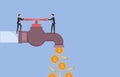 Money coins flow from tap. Cash flow with tiny businessmen open the tap symbol illustration