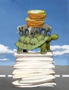 Money coins lie in a heap on elephants and a big turtle. Turtle is on a stack of documents. Business model, mythical flat concept