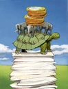 Money coins lie in a heap on elephants and a big turtle. Turtle is on a stack of documents. Business model, mythical flat concept