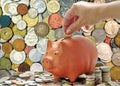 Background of money. Money coins and piggy bank. Economic concept. Financial background