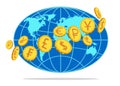 Money, coins revolving around the globe. Vector illustration Royalty Free Stock Photo