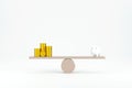 Money coins stack and piggy bank on wood seesaw balancing. Saveing concept
