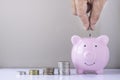 Money coins stack step up growing growth with hand putting coin into a pink piggy bank. Royalty Free Stock Photo