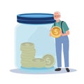 money Collection and Financial Planning concept. Happy Elderly man Holding Big Coin for Savings in Jar Royalty Free Stock Photo