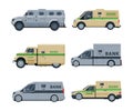 Money collector armored trucks and van cars set. Banking and transportation of valuables flat vector illustration