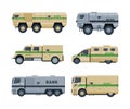 Money collector trucks set. Armored bank cars. Banking and transportation of valuables flat vector illustration