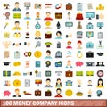 100 money company icons set, flat style Royalty Free Stock Photo