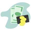 Money concept, bills, coins and bank card, financial transactions or savings storage