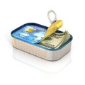 Money concept - cash inside aluminum can with credit card print