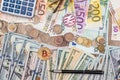 dollar, euro, bitcoin, coin. close up Royalty Free Stock Photo
