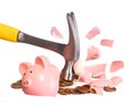 Money Concept. Hammer breaking Piggy Bank