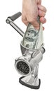 Money concept. Hand and dollars are milled in a meat grinder. png transparent