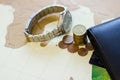 Money concept: ÃÂoins, purse, credit cards,wristwatch. Royalty Free Stock Photo