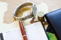 Money concept: ÃÂoins, purse, credit cards,wristwatch, pen, note Royalty Free Stock Photo