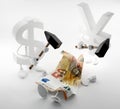 Money concepts. falling Euro currency and fighting Yen and Dollar. 3d-illustration