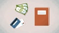 Money, credit cards and notebook on a table. Vector. Top view flat style items for cartoon, animation, advertise, life story