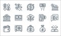 money and currency line icons. linear set. quality vector line set such as gold bars, coin purse, wallet, money bag, safe box,