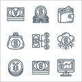 money and currency line icons. linear set. quality vector line set such as monitor, dollar bills, chinese yuan, digital currency,