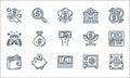 money and currency line icons. linear set. quality vector line set such as treasure chest, pound bills, wallet, safe box, piggy