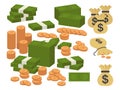 Money currency illustration. Various money bills dollar cash paper bank notes and gold coins. Collection of cash heap pile Royalty Free Stock Photo