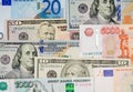 Money from different countries: dollars, euros, rubles