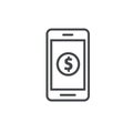 Money dollar coin on mobile phone vector icon, line outline smartphone with cash symbol, concept of money transfer via Royalty Free Stock Photo