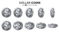 Money. Dollar 3D Silver Coins Vector Set. Realistic Illustration. Flip Different Angles. Money Front Side. Investment