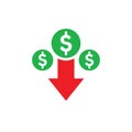 Money dollar down arrow, falling finance graphic - concept icon design. Crash collapse sign. Vector illustration. Royalty Free Stock Photo