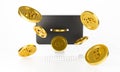 Money dollar gold coins explosion or splash with computer display and keyboard mouse. Surprise inside open desktop PC isolated on