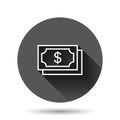 Money dollar icon in flat style. Exchange cash vector illustration on black round background with long shadow effect. Banknote Royalty Free Stock Photo