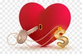 Money dollar is key to heart of your beloved. Red heart shape lock and key with key ring home