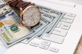Money, dollar notes and hand watch Royalty Free Stock Photo