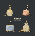 Money. Dollars coins. Cash in bags, purse, wallet. Set of icons.