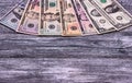 Money dollars on gray wooden background. Space. Royalty Free Stock Photo