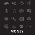 Money editable line icons vector set on black background. Money white outline illustrations, signs, symbols