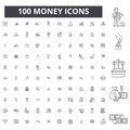 Money editable line icons, 100 vector set, collection. Money black outline illustrations, signs, symbols