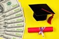 Money for education, diploma and academic cap of the student. Financial opportunity to save and spend on College or University