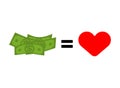 Money equals love. Love math concept