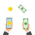 Money Exchange Banking Concept Vector. Human Hand Banner. Hand Holding Smartphone. Mobile Smart Phone And Hands. Dollar Royalty Free Stock Photo