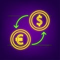 Money exchange icon. Banking currency sign. Euro and Dollar Cash transfer neon symbol. Vector illustration. Royalty Free Stock Photo